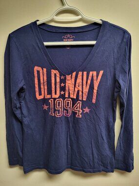 Old Navy 1994 Blue V-Neck Long Sleeve Graphic Tee Women's Medium